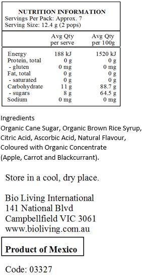 Organic Cane Sugar, Organic Rice Syrup, Citric Acid, Ascorbic Acid, Natural Flavour, Coloured with Concentrate (Black Carrot and Blackcurrant).