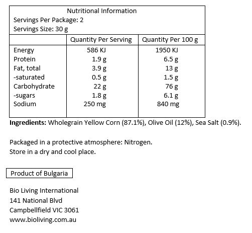 Wholegrain yellow corn (87.1%), olive oil (12%), sea salt (0.9%). 