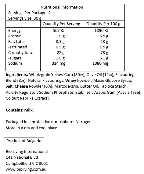 Wholegrain yellow corn (80%), olive oil (12%), flavouring blend (8%) [natural flavourings, whey powder, maize glucose syrup, salt, cheese powder (6%), maltodextrin, butter oil, tapioca starch, acidity regulator: sodium phosphate, stabiliser: arabic gum (Acacia tree), colour: paprika extract]. 